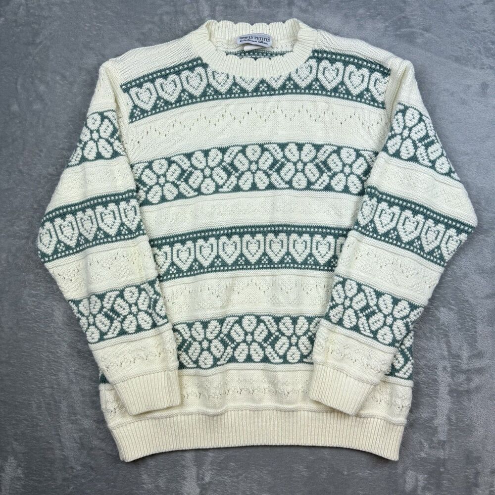 Vintage Simply Petites American Collection Fair Isle Heart Knit Sweater USA M